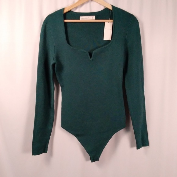 Abercrombie & Fitch Womens M Knit Bodysuit Green Long Sleeve Square Neck NWT - Picture 1 of 10
